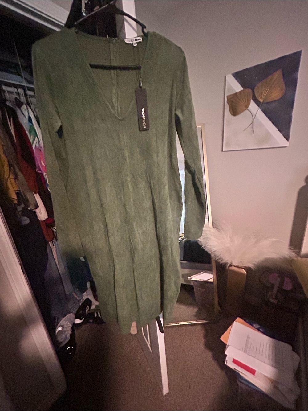 Fashion Nova Olive Green Long Sleeve V-Neck Suede-Look Dress